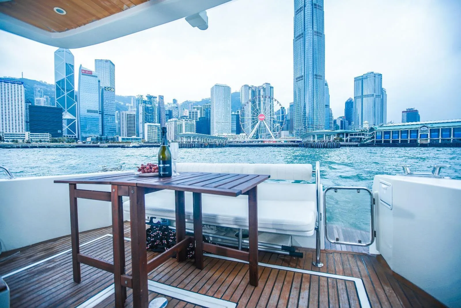 Champagne on the aft deck of Kingdom 53 facing Central